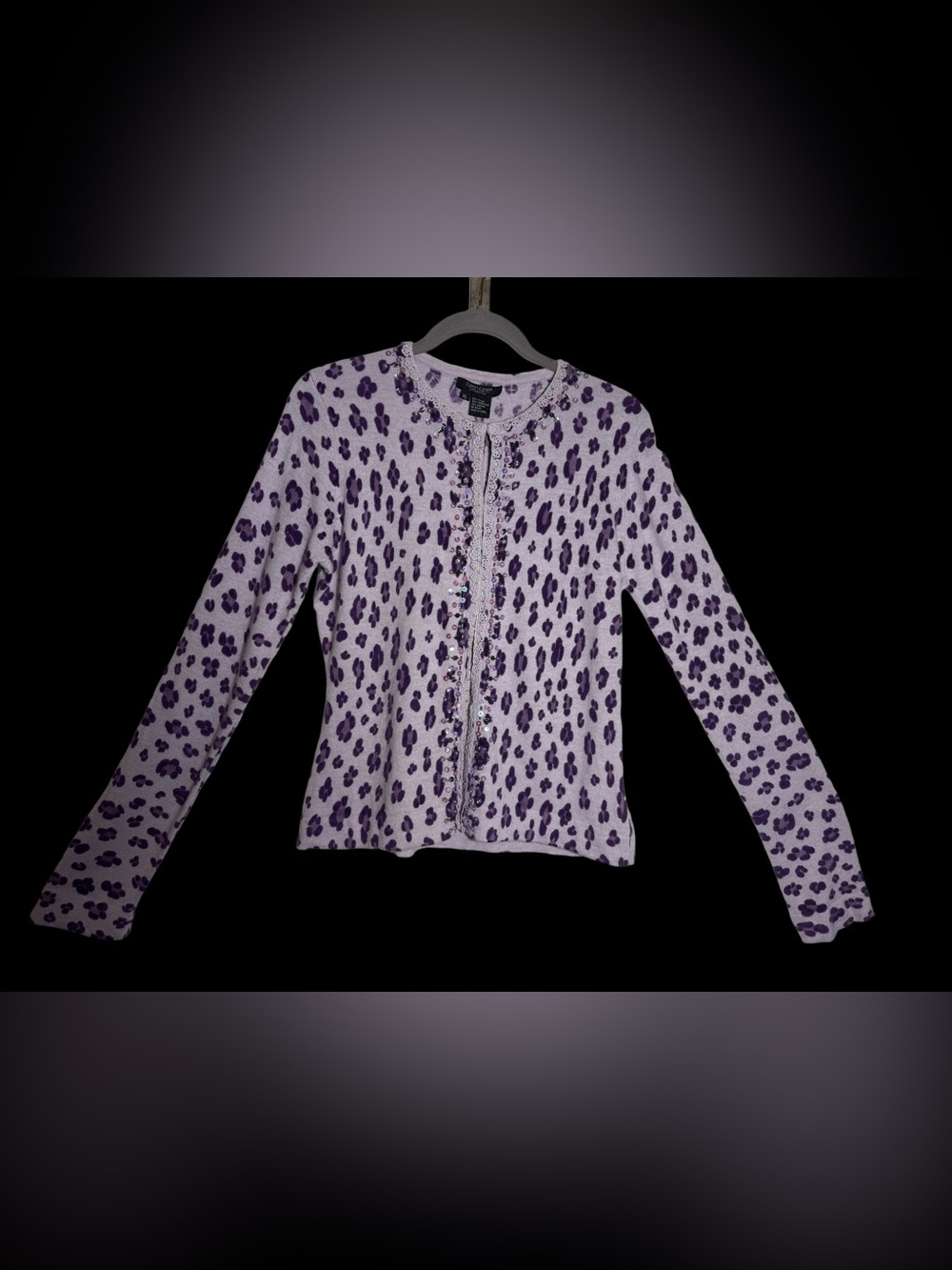 Karen Kane Lavender Cardigan with Dark Purple Print & Beaded Trim